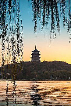 中国,塔,海岸,西湖,著名,公园,杭州,市中心,彩色,照片