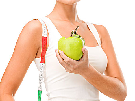 健身,节食,概念,特写,女性,手,苹果,卷尺