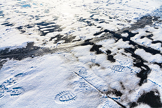 脚印,雪中,裂缝,冰,冰湖