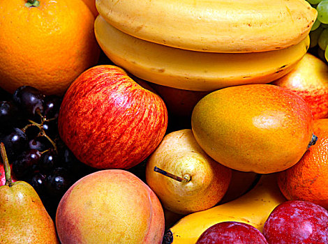 新鲜,水果,微距,橘子,香蕉,李子,梨,葡萄