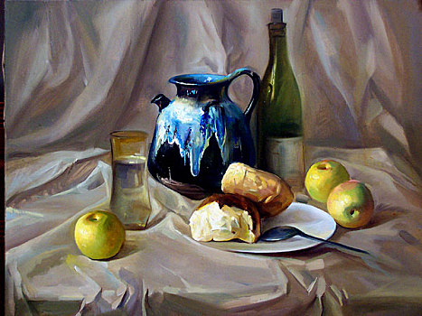 油画,静物,杯子,苹果,面包,瓶子,壶,盘子