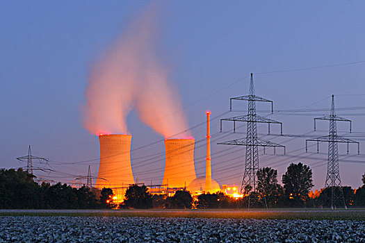 核电站,黄昏,巴伐利亚,德国,欧洲