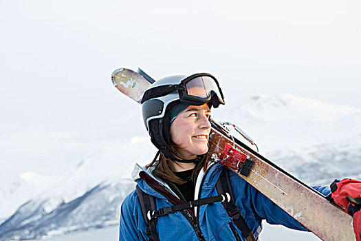 女人,头像,滑雪服,拿着,滑雪