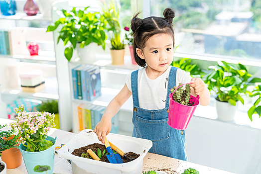 快乐的小女孩在家种植盆栽