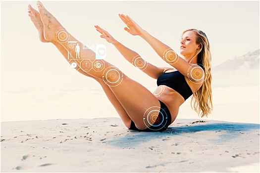 合成效果,图像,健身,金发,腹部,平衡,姿势,海滩