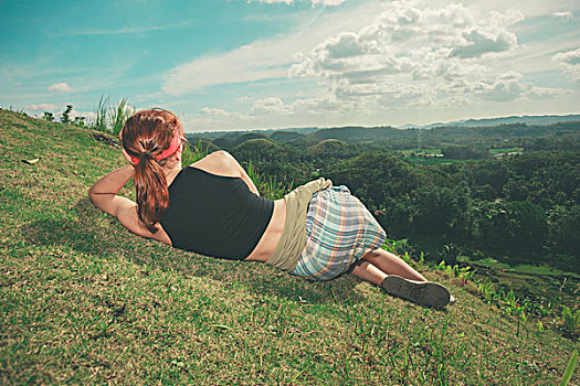 美女,躺着,山坡,赞赏,风景,巧克力,山,保和省,菲律宾