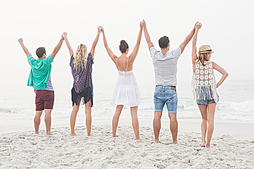 可爱,群体,朋友,握手,伸展,手臂,海滩
