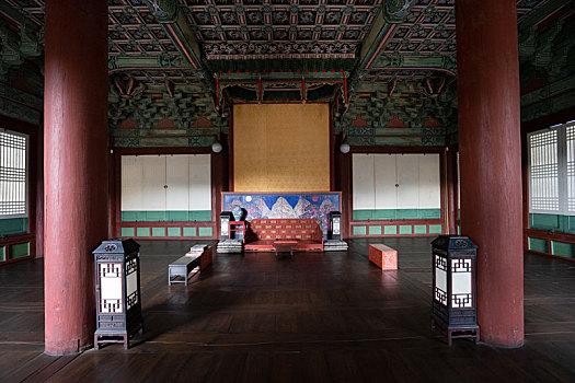 韩国首尔昌德宫宣政殿大殿内部景观