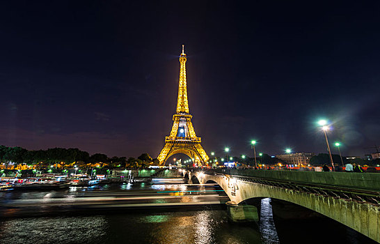 光亮,埃菲尔铁塔,夜晚,塞纳河,旅游,巴黎,法兰西岛,法国,欧洲,重要,码头