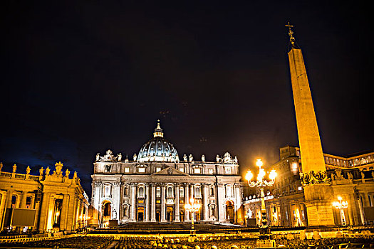 广场,圣彼得大教堂,方尖塔,夜晚,梵蒂冈城,罗马,意大利,欧洲