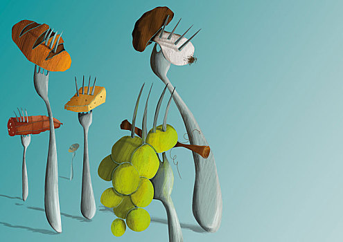 插画,多样,食物,物品,叉子,绿色背景