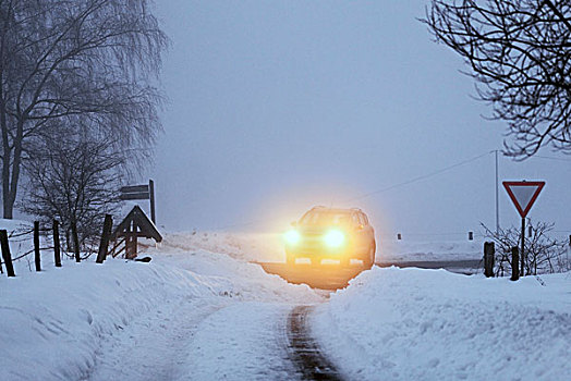 汽车,冬季风景,积雪,雾,黃昏,北莱茵-威斯特伐利亚,德国,欧洲