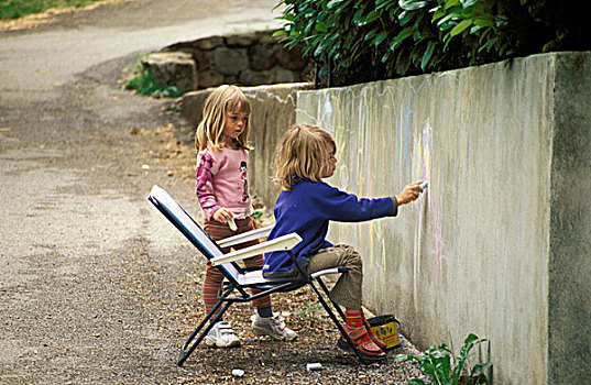 孩子,绘画,墙壁