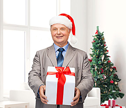 商务,礼物,人,概念,微笑,老人,套装,圣诞老人,帽子,上方,客厅,圣诞树,背景