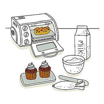 插画,杯形蛋糕,烤炉,牛奶,纸盒