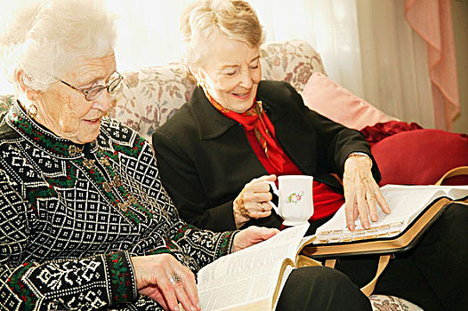 两个,老年女性,读,圣经