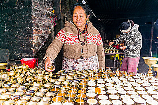女人,黄油,灯,庙宇,加德满都,尼泊尔,亚洲