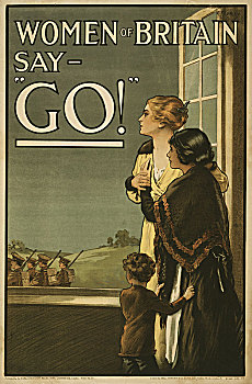 两个女人,孩子,向窗外看,军人,女人,英国,说话,一战,招募,海报,历史