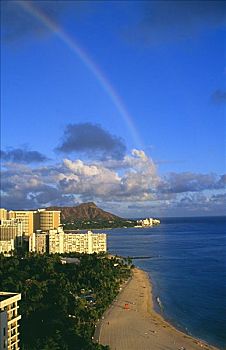 夏威夷,瓦胡岛,怀基基海滩,钻石海岬,彩虹