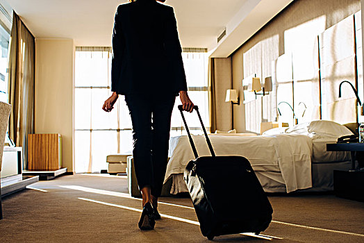 职业女性,轮式,行李,酒店,卧室