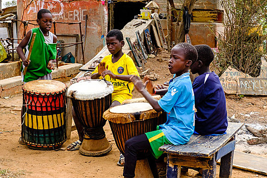 塞内加尔人,孩子,作乐,鼓,达喀尔,塞内加尔,非洲