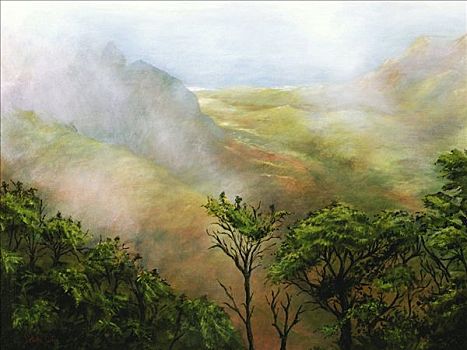雾气,夏威夷,考艾岛,风景,暸望,海洋,丙烯酸树脂,绘画