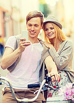 暑假,约会,概念,情侣,自行车,智能手机,城市