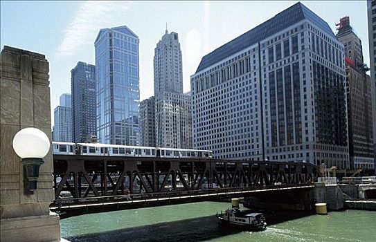 桥,芝加哥河,高层建筑,有轨电车,铁路,芝加哥,伊利诺斯,美国,北美