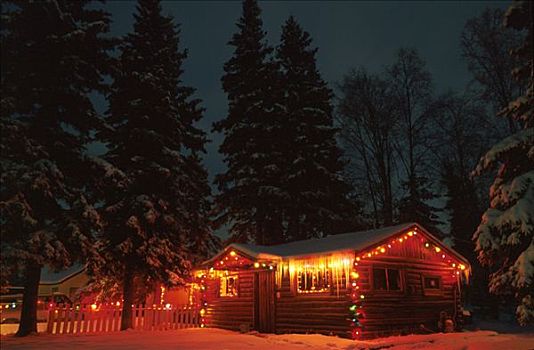 木屋,圣诞灯光,冬天,景色
