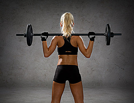 健身,运动,节食,概念,女人,练习,杠铃,背影,上方,混凝土墙,背景