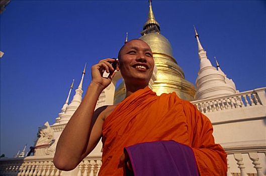 泰国,清迈,僧侣,交谈,手机