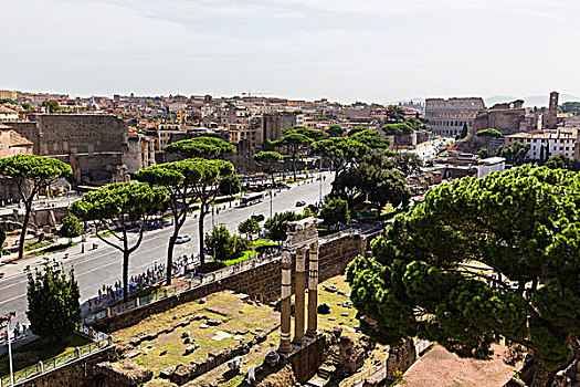 俯视图,道路,罗马,意大利,古罗马广场,庙宇,角斗场,远景,世界遗产