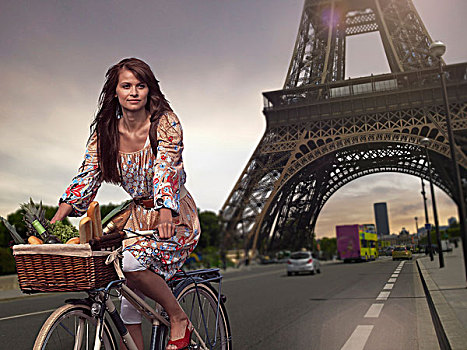 女人,骑自行车,埃菲尔铁塔