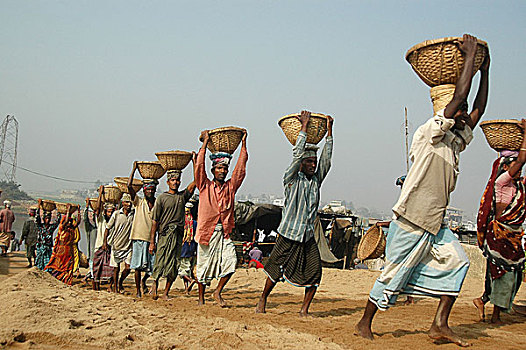 工人,收集,沙子,达卡,孟加拉,一月,2005年