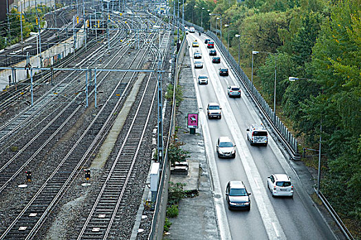 瑞典,斯德哥尔摩,铁轨,街道,并排