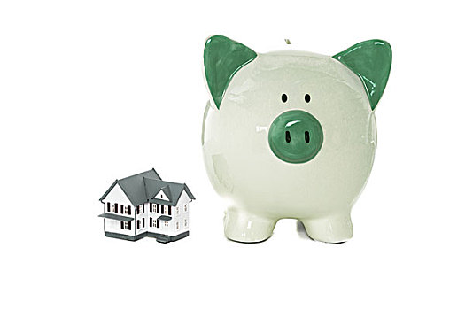 绿色,存钱罐,站立,旁侧,微型,家,白色背景,背景