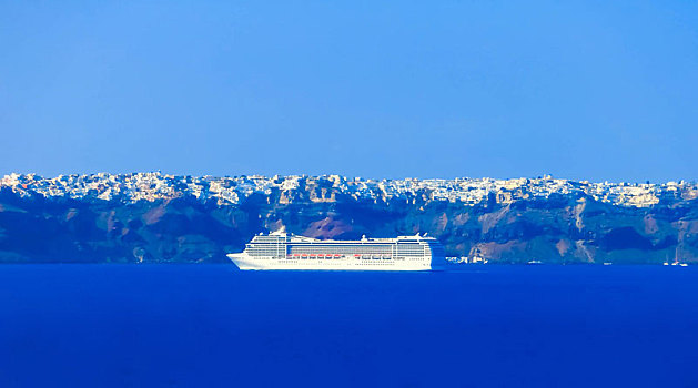 锡拉岛,希腊,模糊,风景,码头,游船