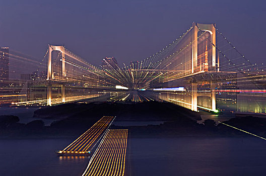 日本,东京,台场,彩虹桥,黄昏,变焦效果