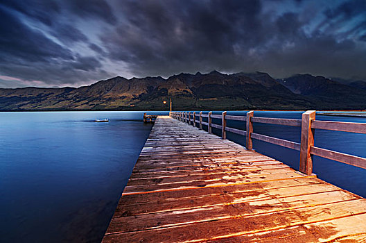 木质,码头,湖,黎明,新西兰