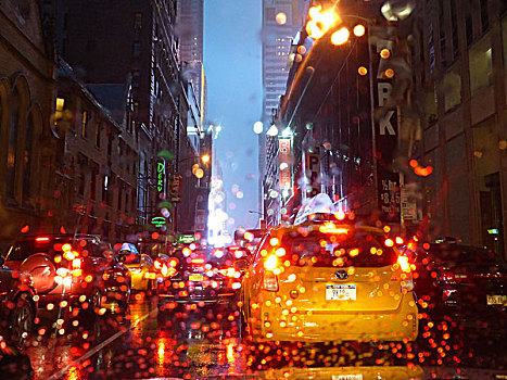 雨滴,挡风玻璃,光亮,红色,出租车,刹车灯