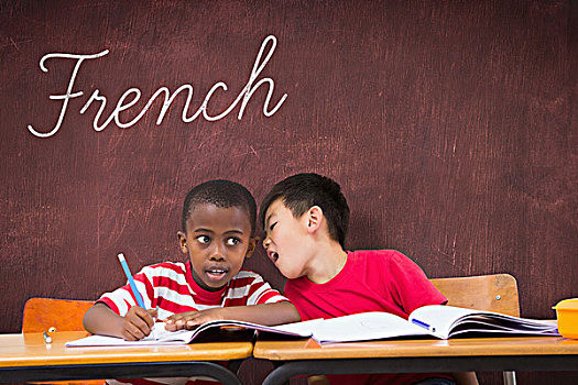 法国人,书桌,文字,可爱,学生,教室