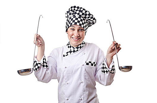 女人,烹饪,长柄勺,白色背景