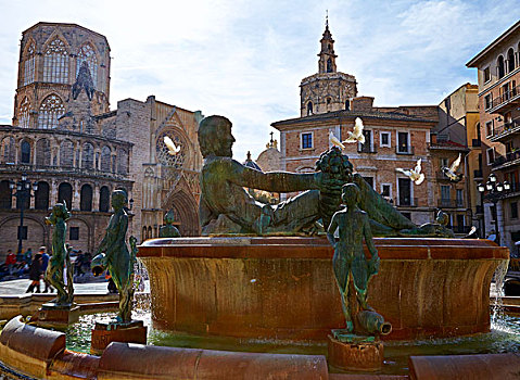 瓦伦西亚,广场,海王星喷泉,雕塑,西班牙