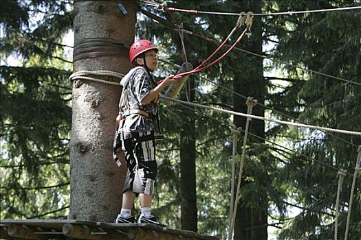 男孩,攀登,绳索,巴伐利亚,德国,欧洲