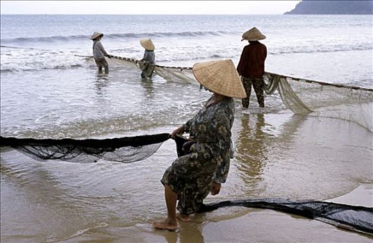 女人,取回,渔网,湾,靠近,芽庄,越南,亚洲