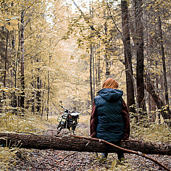 女人,秋天,树,树林,摩托车,背景,巴什科尔托斯坦,俄罗斯