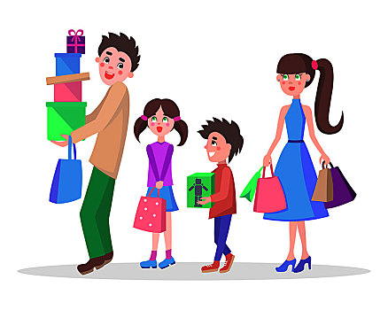 家庭,购物,概念,隔绝,白色背景,男青年,女人,购买,儿童,卡通,矢量,插画,父亲,母亲,买,礼物,寒假,销售,儿子,女儿