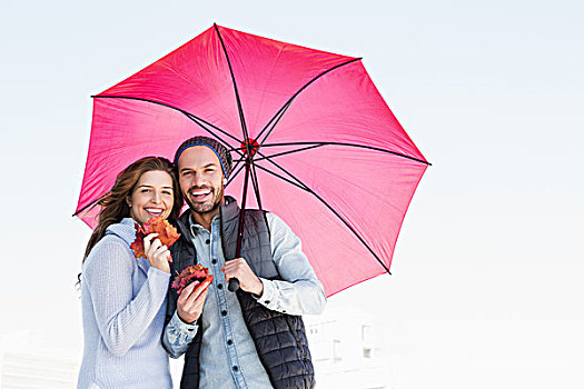 高兴,年轻,情侣,拿着,伞,枫叶,户外