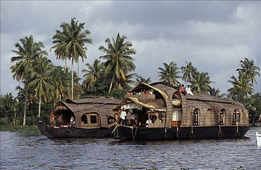 两个,房子,船,湖,地区,喀拉拉,印度