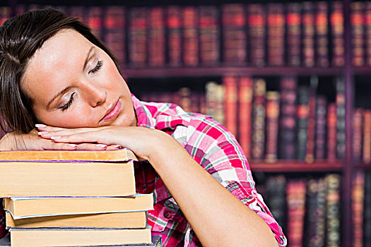 女人,睡觉,书本,大学,图书馆